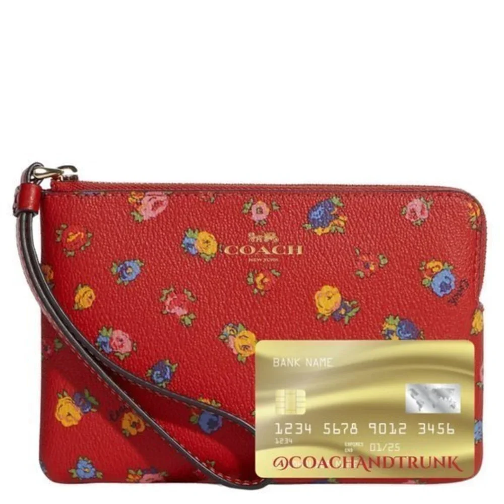 COACH‎ Corner Zip Wristlet With Mini Vintage Rose Print Miami Red Multicolor NWT